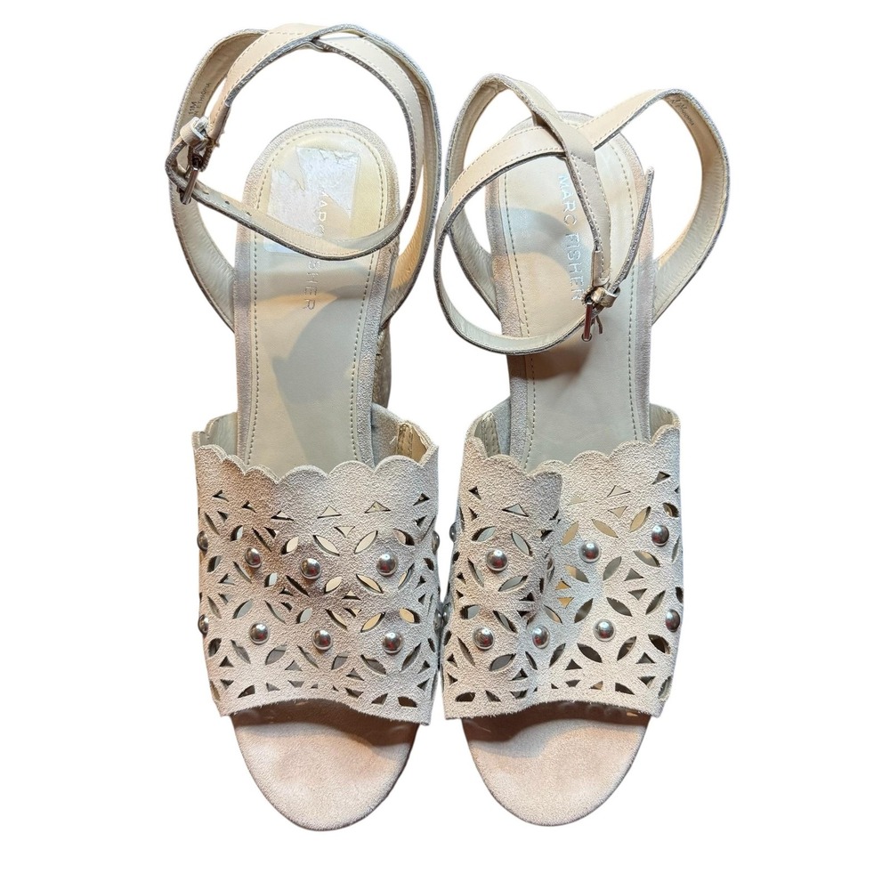 Marc Fisher Shoes Womens Size 11M Beige Suede Studded Wedge Sandals Espadrille